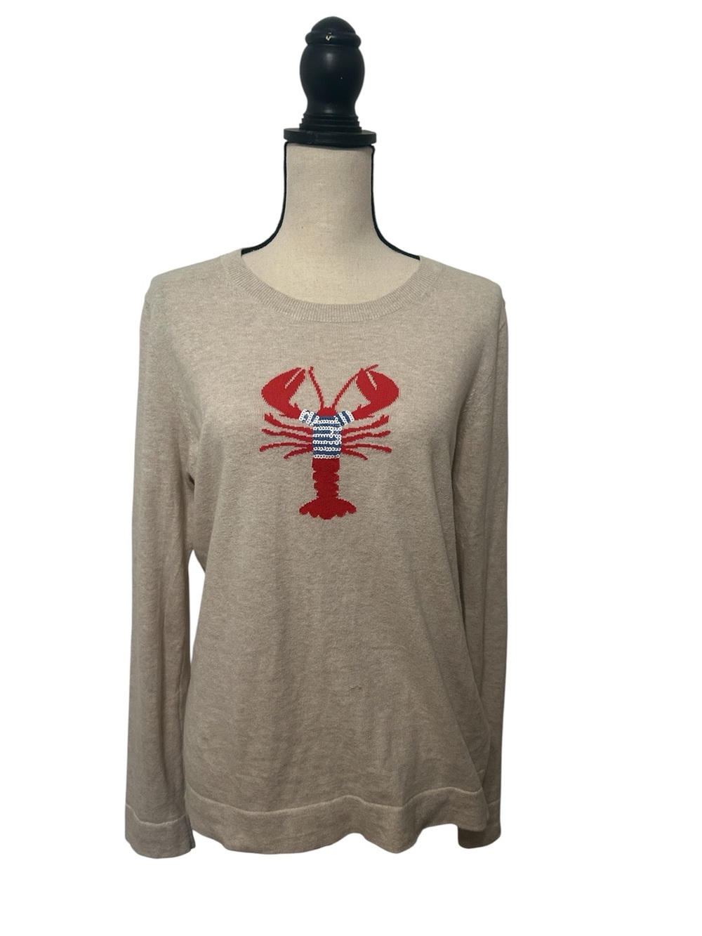J. Crew Sequin Embellished, Lobster Teddie Sweater 100% Cotton ladies large EUC